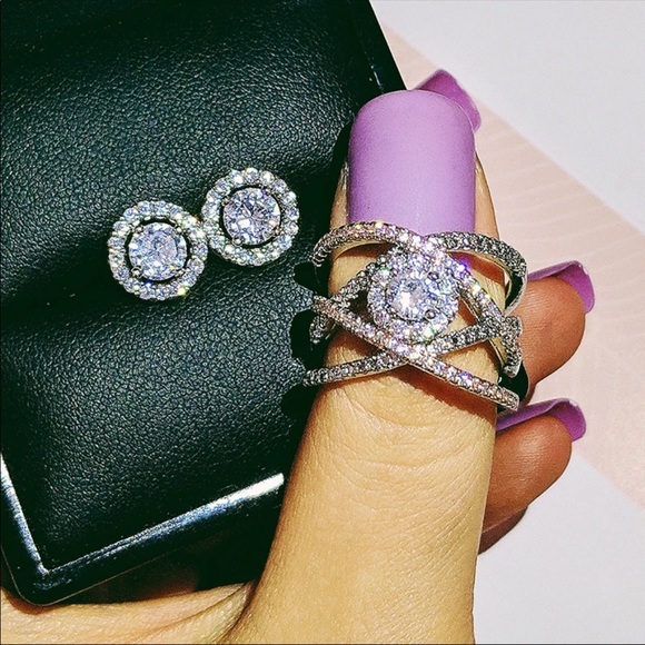 Two tone cross cross ring and earring set